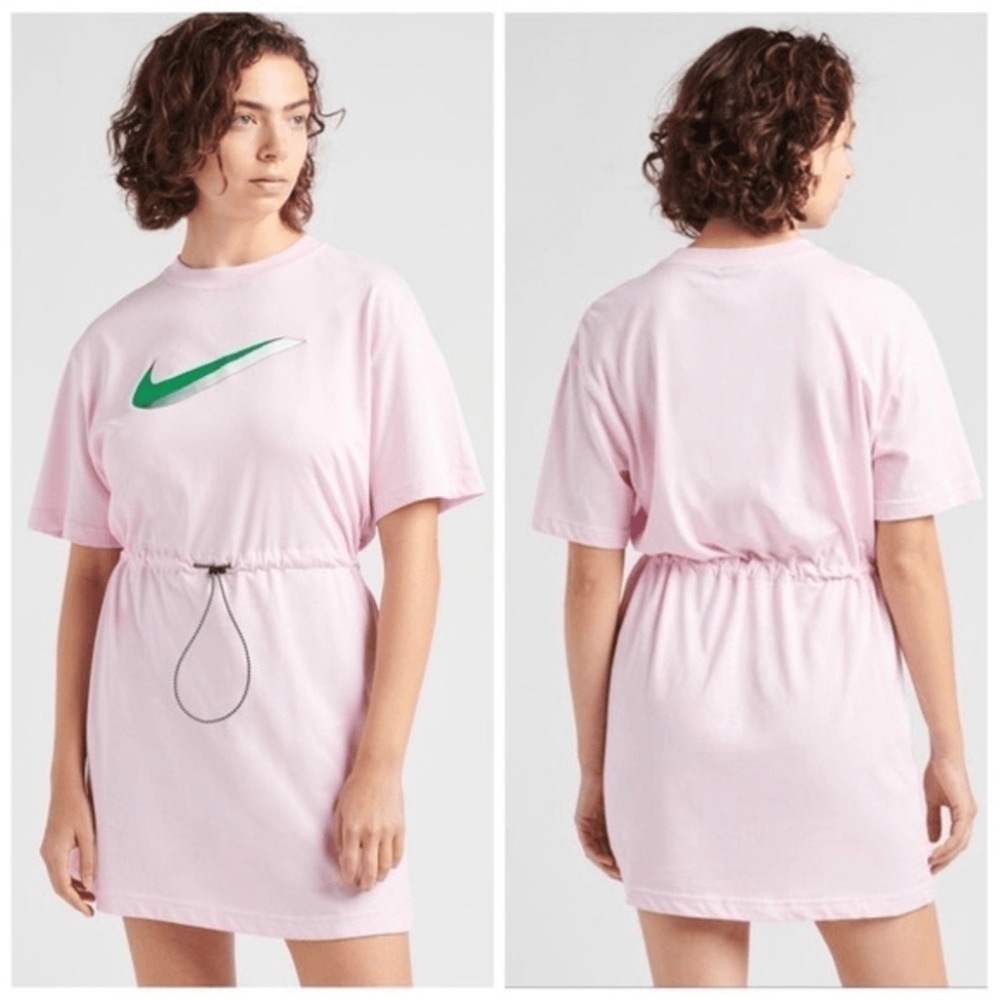 Nike Sportswear Icon Clash Pink Foam Drawstring Tunic Dress Pink Green Swoosh XL